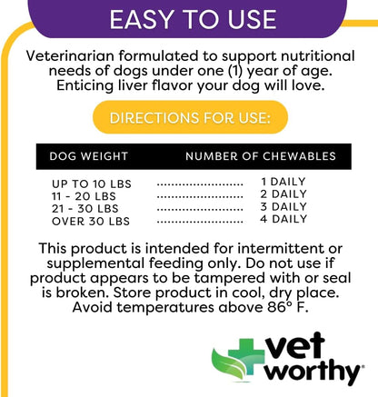 Vet Worthy Puppy MultiVitamins - Multivitamin for Puppies to Support Optimum Health & Overall Wellness - Dog Supplement with Iron,Magnesium,Zinc,Vitamin A,B Vitamins - Liver Flavor,60 Chewable Tablets