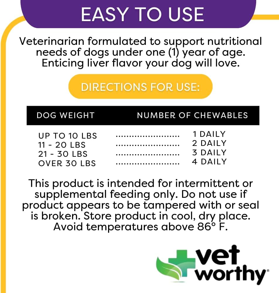 Vet Worthy Puppy MultiVitamins - Multivitamin for Puppies to Support Optimum Health & Overall Wellness - Dog Supplement with Iron,Magnesium,Zinc,Vitamin A,B Vitamins - Liver Flavor,60 Chewable Tablets