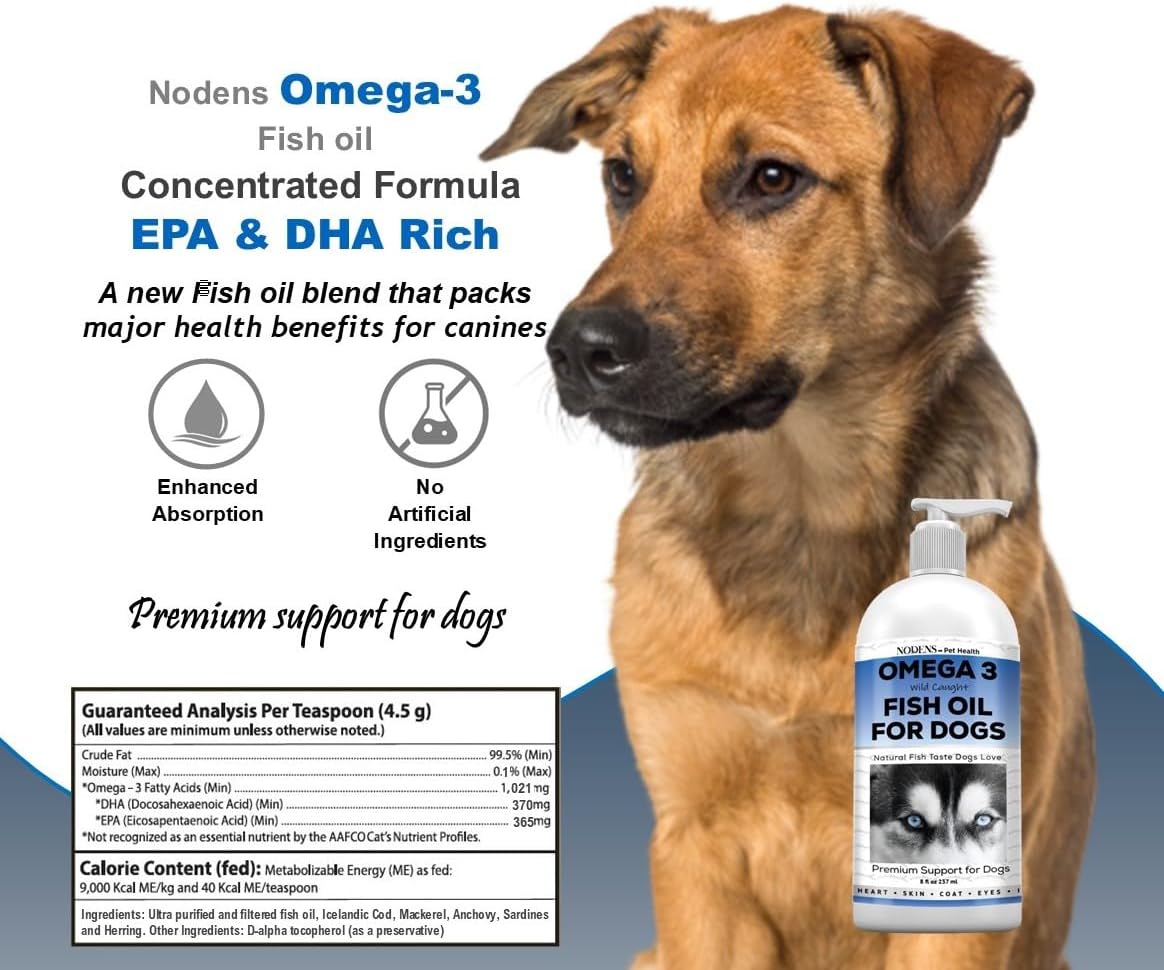 Nodens Natural Fish Oil for Dogs 100% Pure Omega 3 Fish Oil Liquid Dog Skin & Coat Supplement, Reduce Shedding and itching. Omega 3 Fatty Acids EPA & DHA for Dog Joints, Immune Support & Digestion
