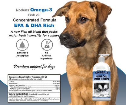 Nodens Natural Fish Oil for Dogs 100% Pure Omega 3 Fish Oil Liquid Dog Skin & Coat Supplement, Reduce Shedding and itching. Omega 3 Fatty Acids EPA & DHA for Dog Joints, Immune Support & Digestion