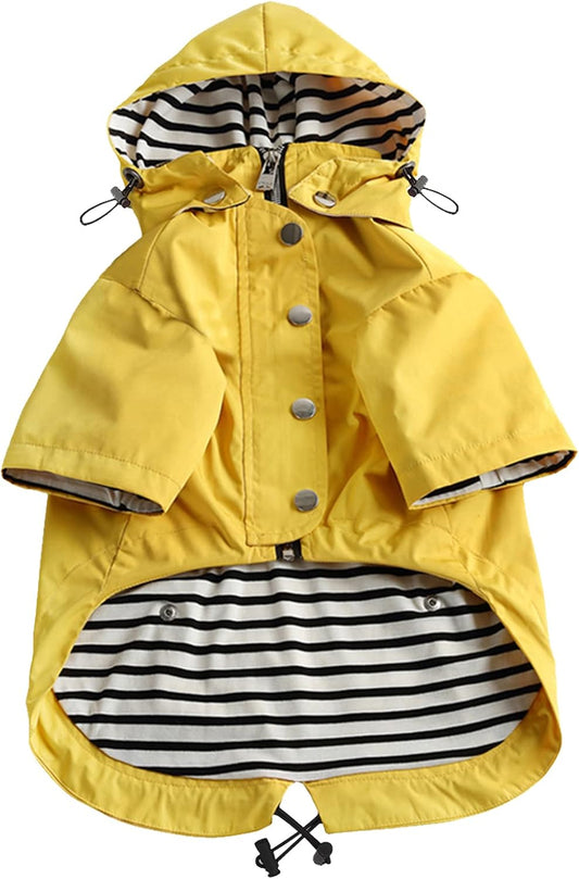 Dog Zip Up Raincoat with Reflective Buttons, Rain/Water Resistant, Adjustable Drawstring, Removable Hood, Raincoats with Legs 8lbs to 80lbs Available - Yellow - Medium