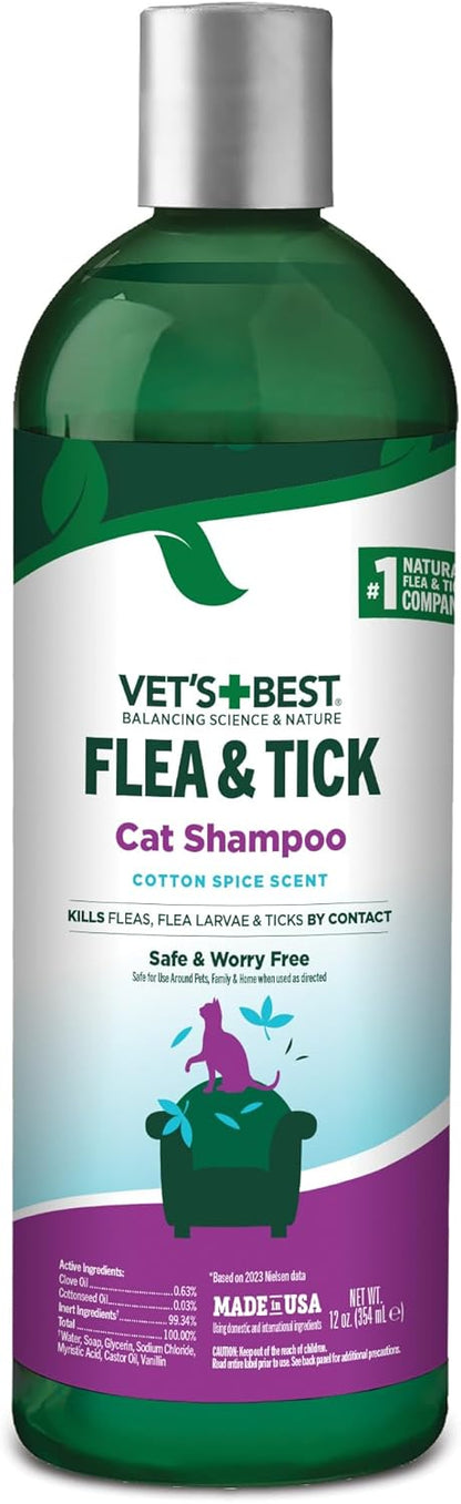 Vet’s Best Natural Flea and Tick Shampoo for Cats – Plant-Based Formula with Certified Essential Oils – Cat-Safe Flea Bath and Pest Control Treatment – Gentle and Effective – 12 oz Bottle