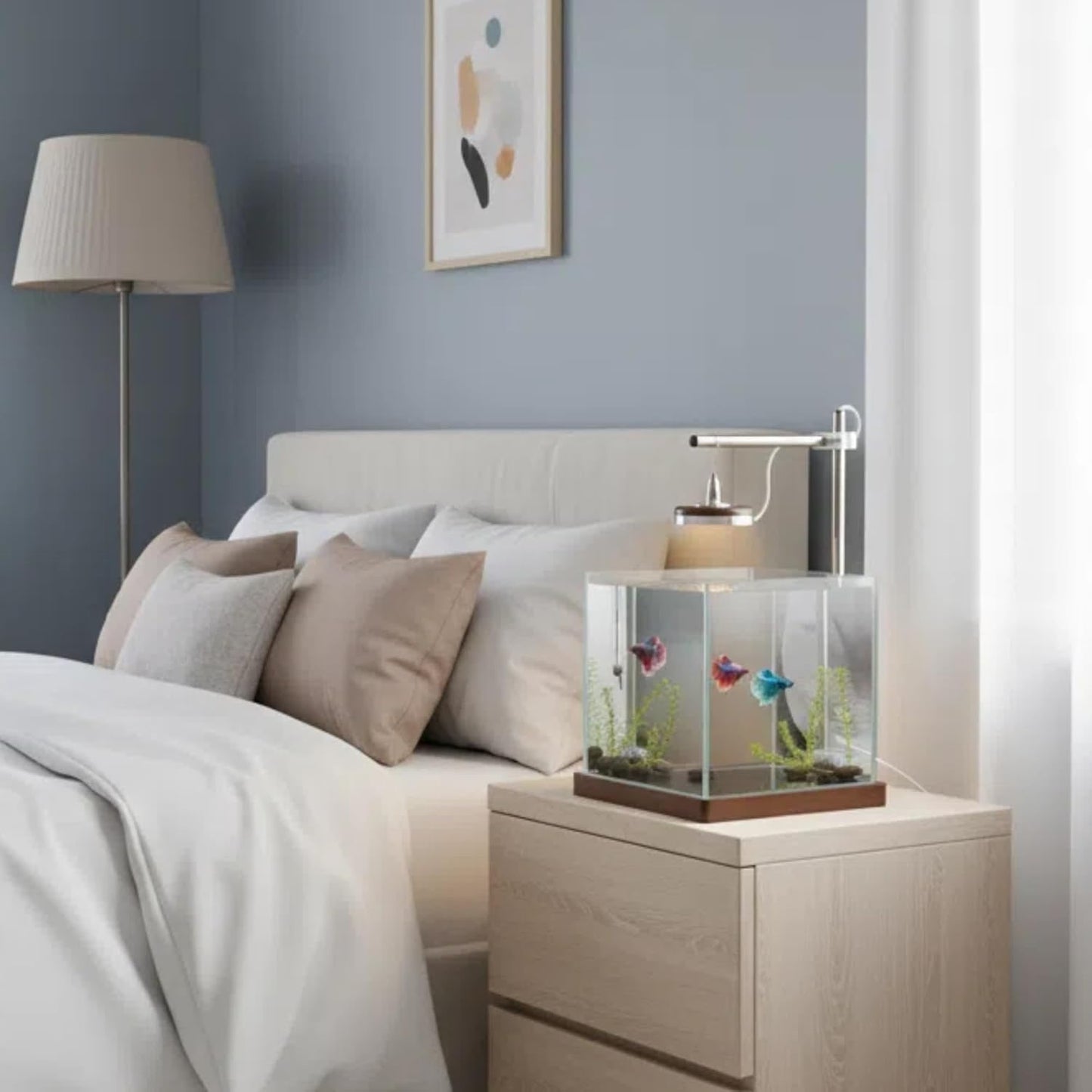 1.8 Gallon Small Fish Tank with LED Light & Wood Stand - 8 Inch Nano Aquarium Betta Tank Starter Kit - Includes Cleaning Tool, Cloth & Mat for Desktop, Office, Bedroom