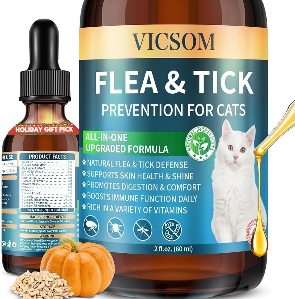 Natural Flea and Tick Prevention for Cats, Herbal Cat Flea and Tick Treatment Support Drops Flea Support with Prebiotics Probiotics for Cats Kitten - Ideal for Sensitive Cat - Salmon Flavor