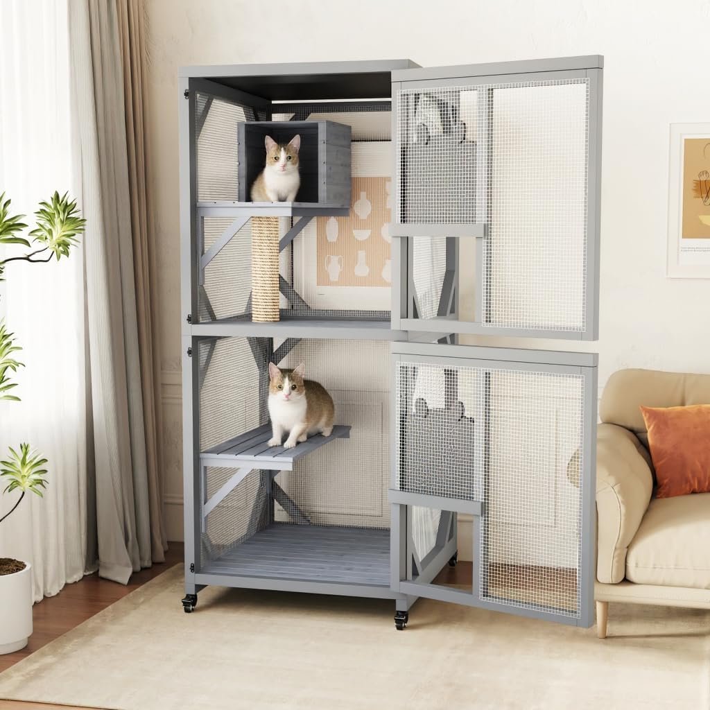 4 Tiers Outdoor Cat Enclosure on Wheels, 68'' Catio with Window Access, Weatherproof Roof Cats House with Scratch Post, Platforms and Resting Box Grey