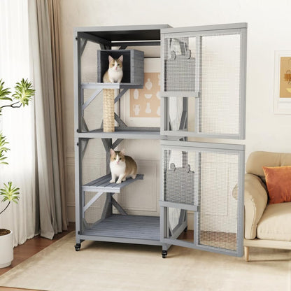 4 Tiers Outdoor Cat Enclosure on Wheels, 68'' Catio with Window Access, Weatherproof Roof Cats House with Scratch Post, Platforms and Resting Box Grey