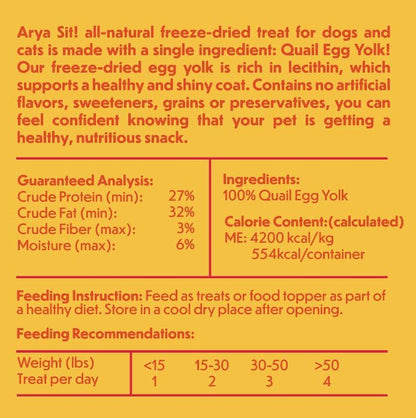 Freeze-Dried Single Ingredient Treat (Quail Egg Yolk) for Dogs and Cats - High Protein · Rich in Lecithin for Healthy Coat · No Artificial Ingredients · 4 oz/8 oz