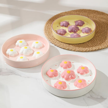 Ceramic Cat Slow Feeder Bowl - 6 OZ Puzzle Food Dish for Healthy Eating - Shallow Wide Whisker Friendly - Dishwasher Safe - 6.3 x 1.2 Inch - Blush Pink Flower