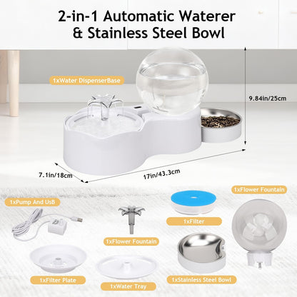 Cat Water Fountain with Food Bowl - Pet Fountain 2 in 1 Set, Automatic Pet Water Dispenser with 3 Drinking Modes, Cat Food and Water Dispenser Set for Cats and Small Dogs