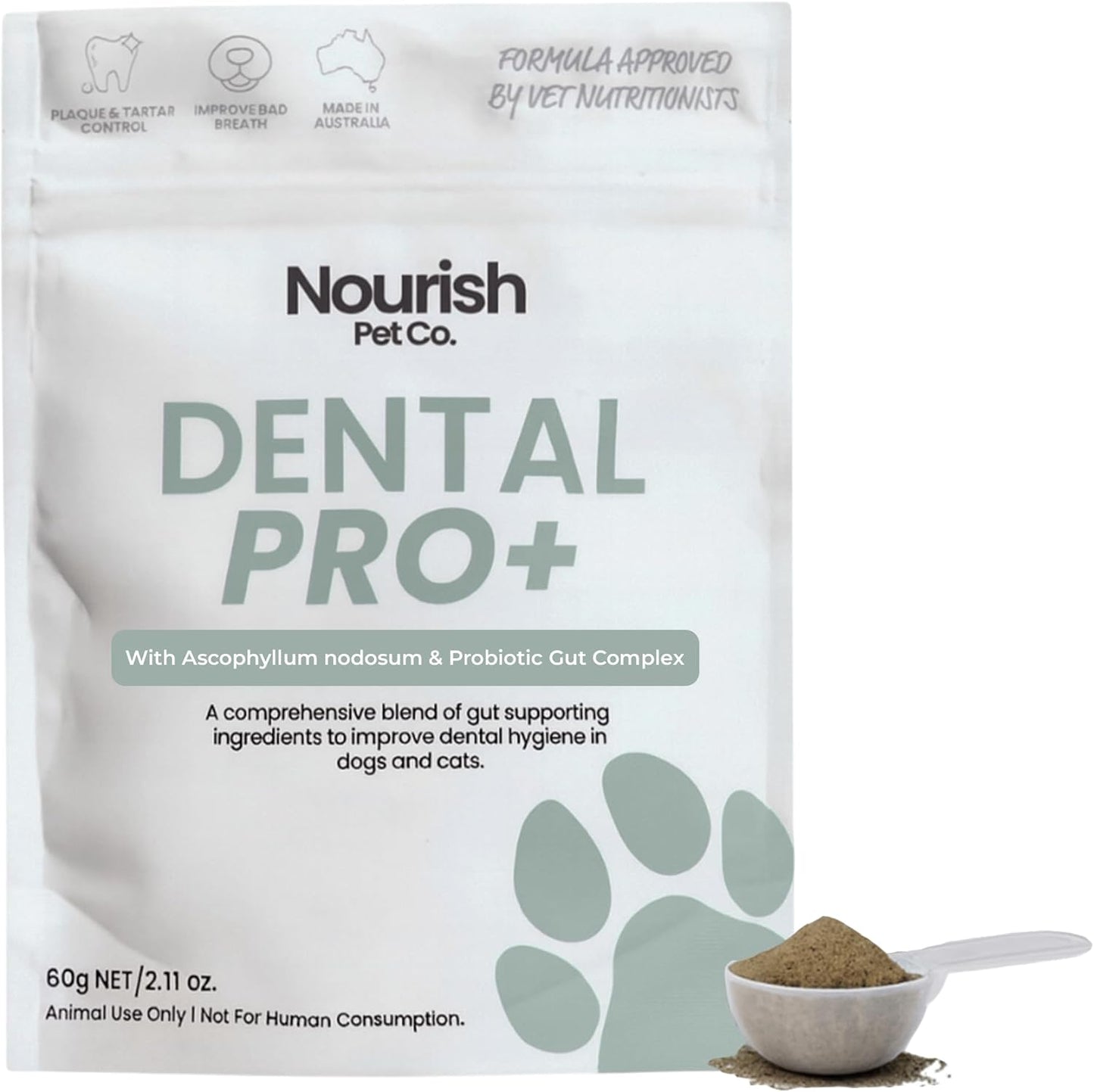 Nourish Pet Co. Dental Pro+ Pet Dental Powder, Cat & Dog Teeth Cleaning Powder, Breath Freshener, Fights Plaque and Tartar, Natural Ingredient Food Topper, 60 Servings