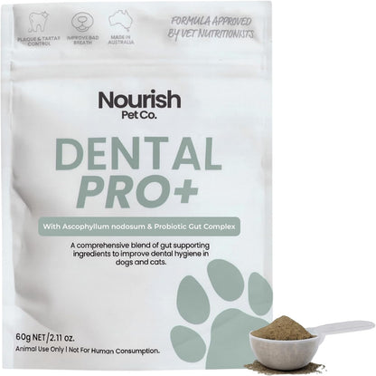 Nourish Pet Co. Dental Pro+ Pet Dental Powder, Cat & Dog Teeth Cleaning Powder, Breath Freshener, Fights Plaque and Tartar, Natural Ingredient Food Topper, 60 Servings