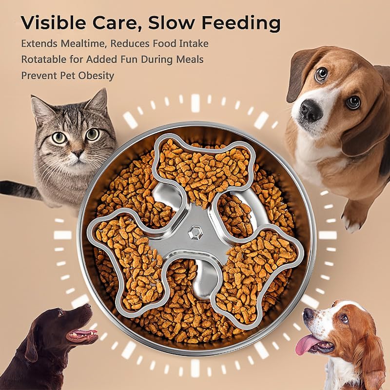 Stainless Steel Rotating Bone-Shaped Slow Food Bowl, 304 Grade Anti-Spill Pet Feeder for Dogs and Cats