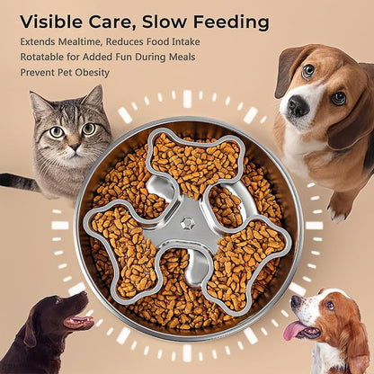 Stainless Steel Rotating Bone-Shaped Slow Food Bowl, 304 Grade Anti-Spill Pet Feeder for Dogs and Cats