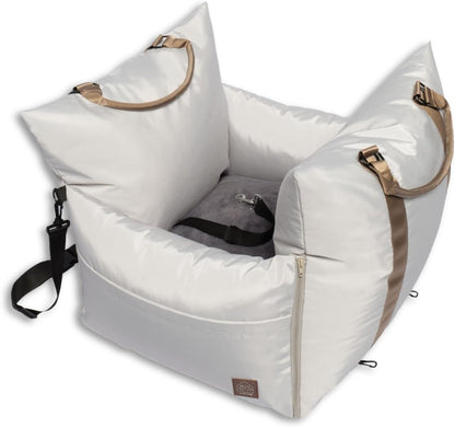 4 Cats & Dogs Marco Travel Pet Bed – Dog Car Seat for Small & Medium Dogs, Waterproof, Faux Fur Cushion, Safety Belt, Washable Cover, Storage Pockets, Booster Seat (Silva, Single Seater 18.5" x 21")