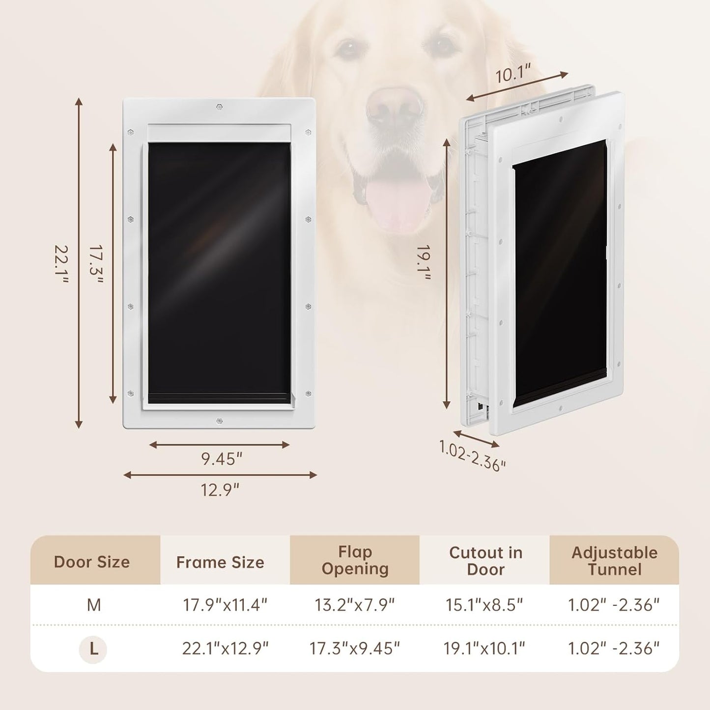 Never Rust Dog Door with Durable Plastic Frame, Large Doggy Door for Interior and Exterior Doors, Doggie Door with Magnetic Flaps, Closing Panel, Telescoping Tunnel, for Pets Up to 100lb