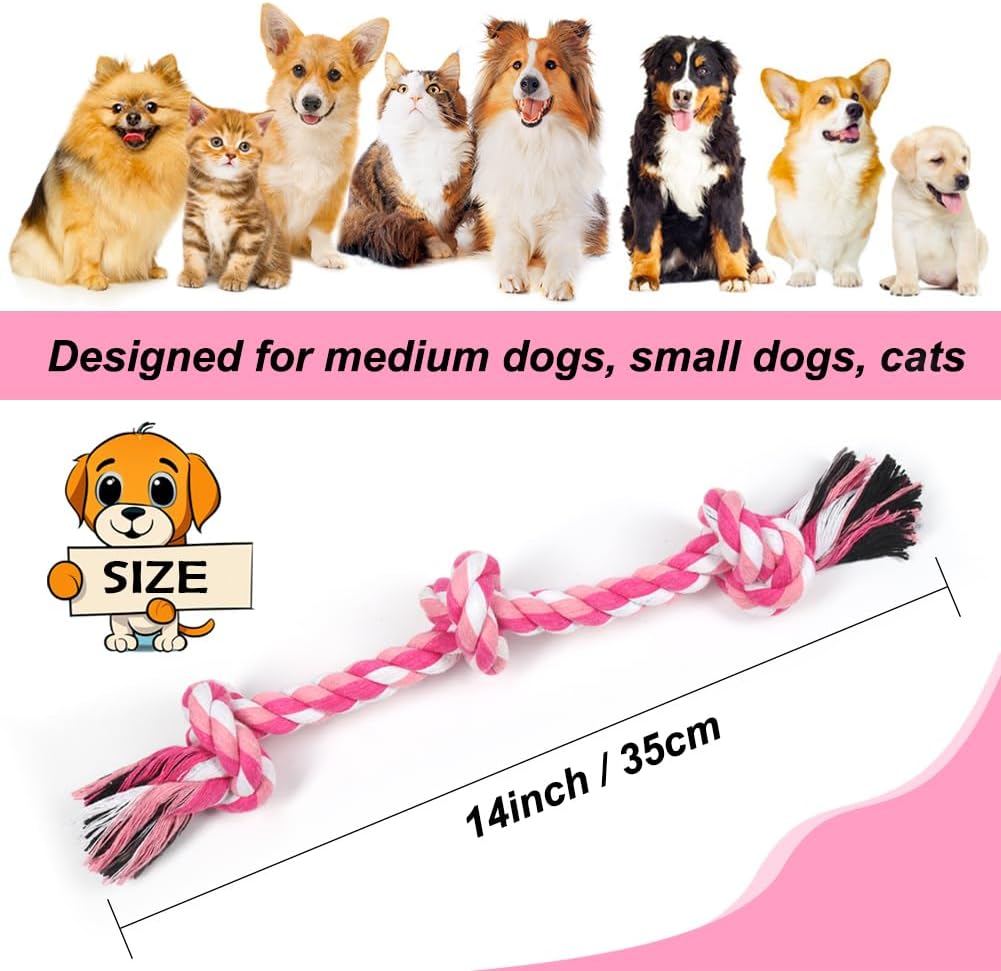 SZEE Dog Rope Toy, 14 in 3 Knots Chew Rope for Small Medium Dogs, Natural Cotton Pull Toy for Tug of War and Teeth Cleaning (Pink)