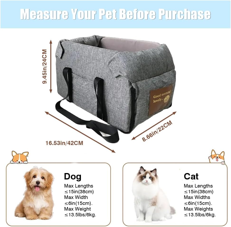 Center Console Dog Car Seat Portable Pet Car Seats Multi-Purpose Dog Booster Seats Travel Pet Bed with Soft Cushion Safety Belt Adjustable Straps and Storage Pocket for Small Pet