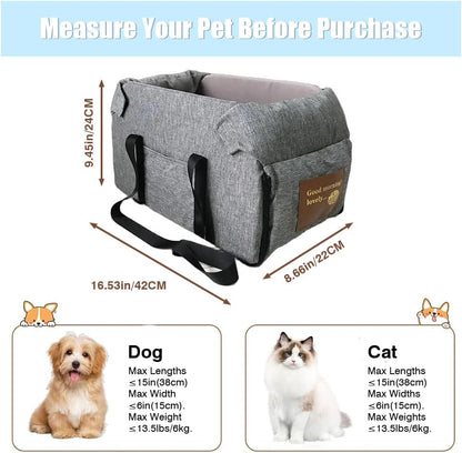 Center Console Dog Car Seat Portable Pet Car Seats Multi-Purpose Dog Booster Seats Travel Pet Bed with Soft Cushion Safety Belt Adjustable Straps and Storage Pocket for Small Pet