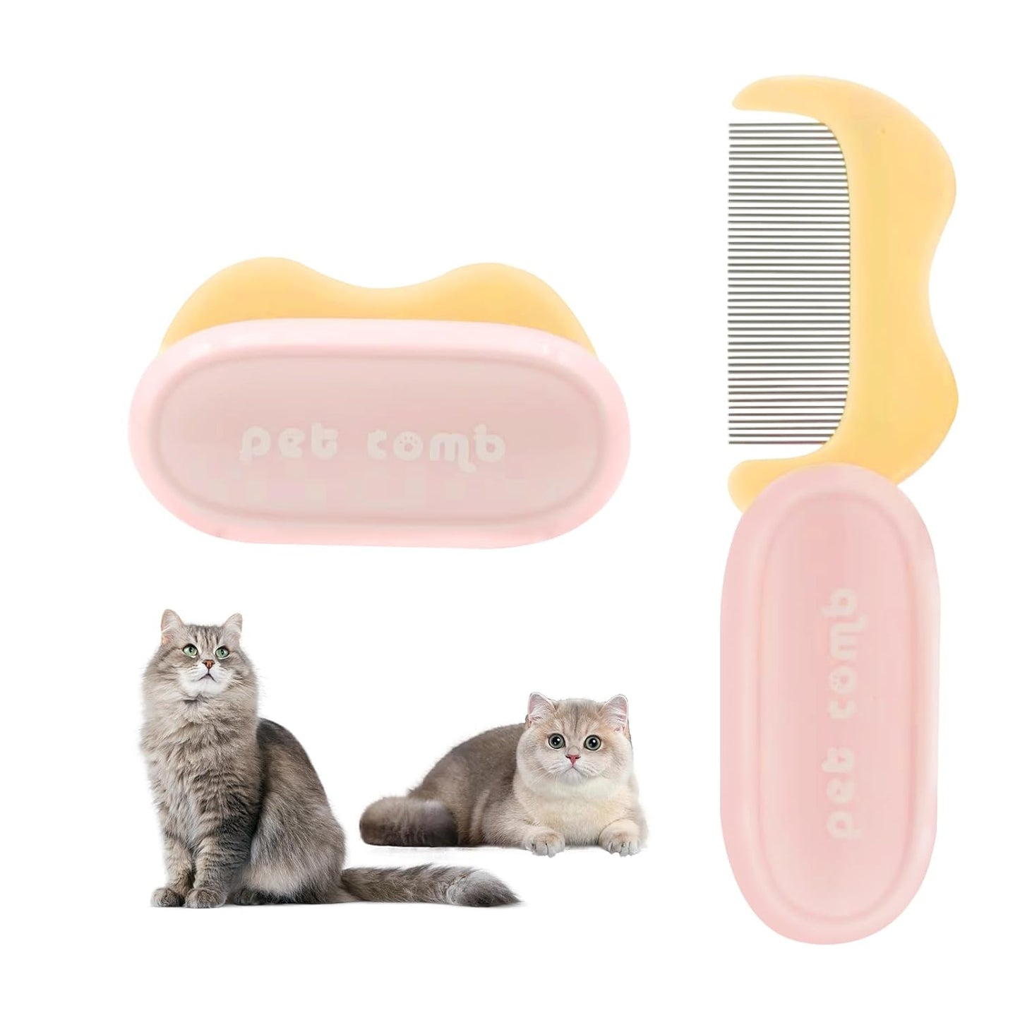 Foldable Cat Grooming Comb for Shedding and Face Care, Stainless Steel Brush for Tear Stains and Full-Body Hair, Portable ABS Handle for Cats and Small Dogs (pink‌ + yellow‌)