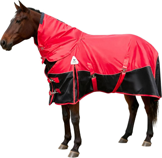 Horse Blankets Winter for Real Horses, 1600D Waterproof Poly Rain Sheets 72 in with Neck Cover Belly Wrap Tail Wrap Turnout Blanket, Stuff Care Medium Large Weight Heavy Outdoor Clothes Red Black