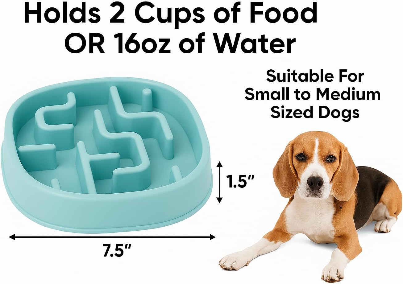 Slow Feeder Bowl, Puzzle Maze for Fast Eaters, Small to Medium Dogs, Helps Prevent Bloat & Aid Digestion, Holds 2 Cups Wet or Dry Food, Non-Slip, Made Without BPA, Blue