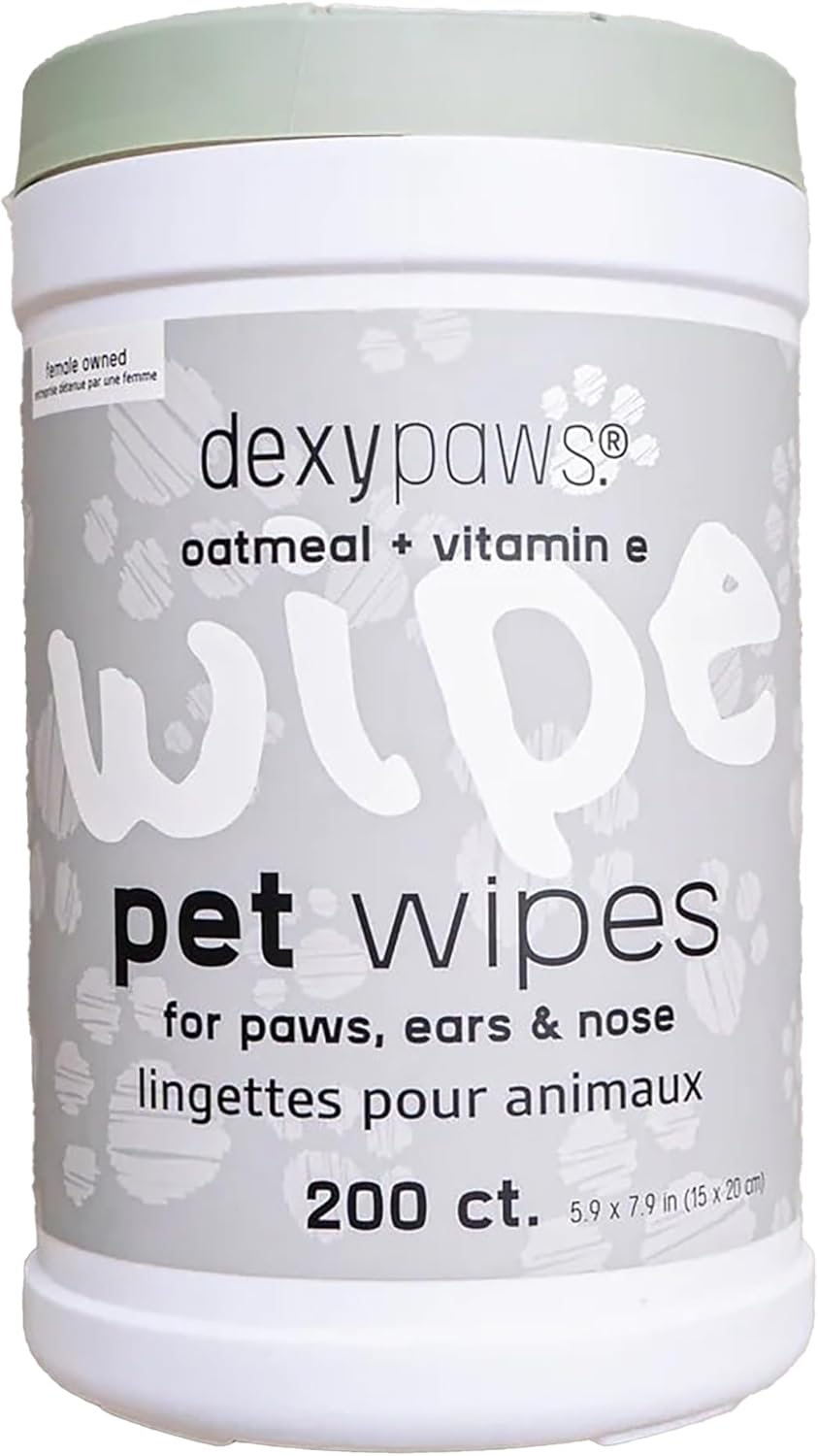 Dexypaws: Pet Wipes - Oatmeal & Vitamin E - 200ct Canister, Cleansing Wet Wipes, Cats & Dogs Grooming Care, Paws-Face-Ears-Nose, Moist-Gentle-Portable