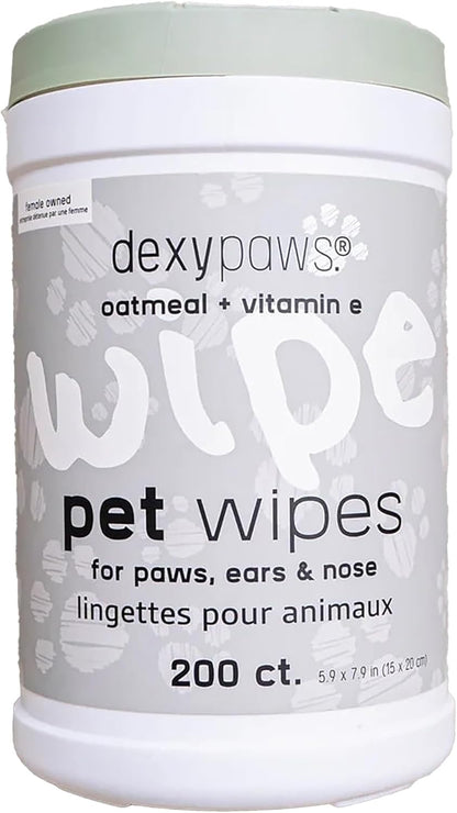 Dexypaws: Pet Wipes - Oatmeal & Vitamin E - 200ct Canister, Cleansing Wet Wipes, Cats & Dogs Grooming Care, Paws-Face-Ears-Nose, Moist-Gentle-Portable