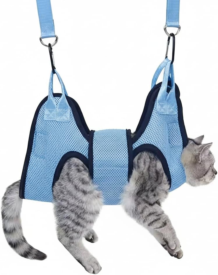 Hands-Free Pet Grooming Sling for Cats & Small Dogs – Breathable Mesh Hammock for Nail Care, Grooming & Calm Handling (Blue,S)