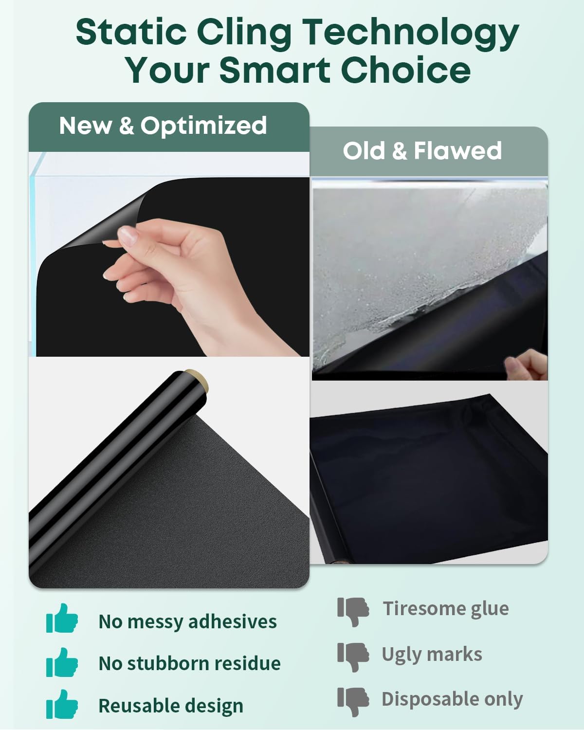 Pawfly Black Aquarium Background, 40" x 12", Static Cling Fish Tank Background Wallpaper, PVC Fish Tank Backdrop, Easy to Install Aquarium Decor Background