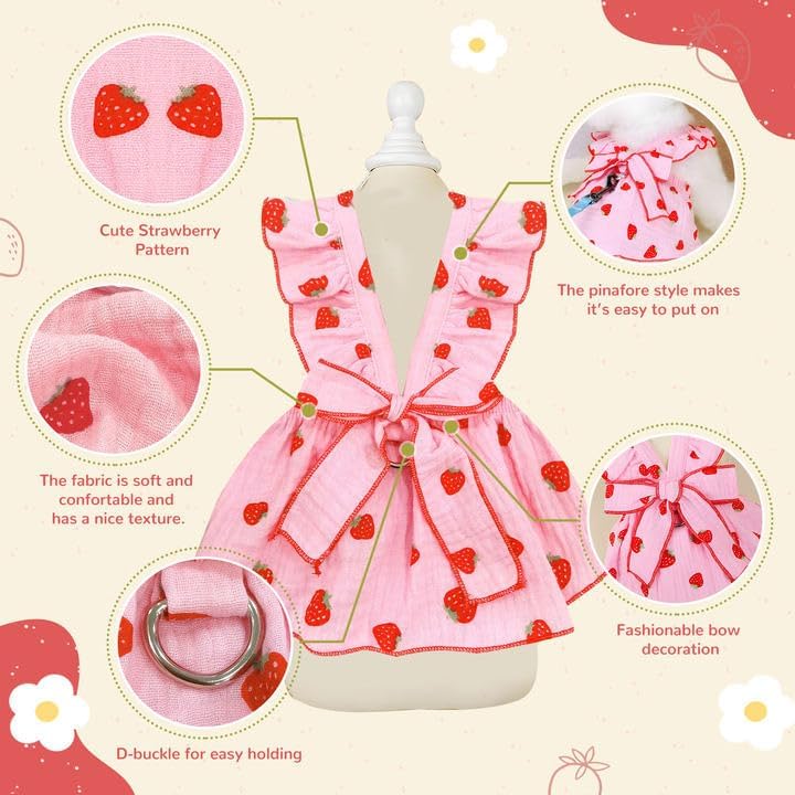 Dog Dresses for Small Dogs Girl Female Clothes Cat Clothes Cat Dress Cute Cotton Extra Small Summer Clothes Bow Decor Printed Strawberry Dog Birthday Outfit Puppy Clothes