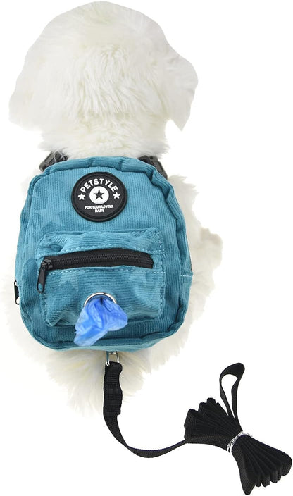 FLAdorepet Dog Backpack Harness with Leash, Dog Poop Bag Dispenser, Pet Self Carrier Adjustable Travel Hiking Walking Harness Backpack for Small Medium Dogs (L(Fit:10-15lb), Blue)