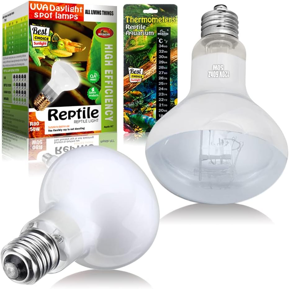 Reptile Heat Lamp 75W 2 Pack,UVA Basking Light Heat Lamp Bulbs,Natural Daylight Terrarium Heat Lamps for Bearded Dragon,Turtle,Tortoise,Lizard,Snake,Gecko,Chicken with Temperature Strips