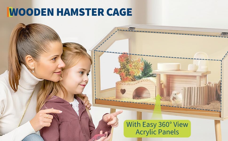 Chew-Proof Acrylic Window & Openable Top - Wooden Hamster Cage with Legs - Spacious Small Animal Habitat for Dwarf Syrian Hamsters, Gerbils, Rats, Guinea Pigs, Chinchillas - Size: 81.28×40.64×101.60cm
