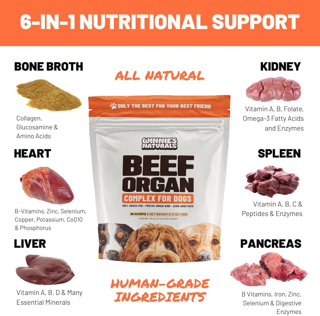 Winnies Naturals Beef Organ Complex Supplement for Dogs, Grass Fed Beef Organs Meal Topper, Dog Multivitamin, Dog Joint Health Supplement Support, Raw Food Supplement for Dogs, 90 Servings