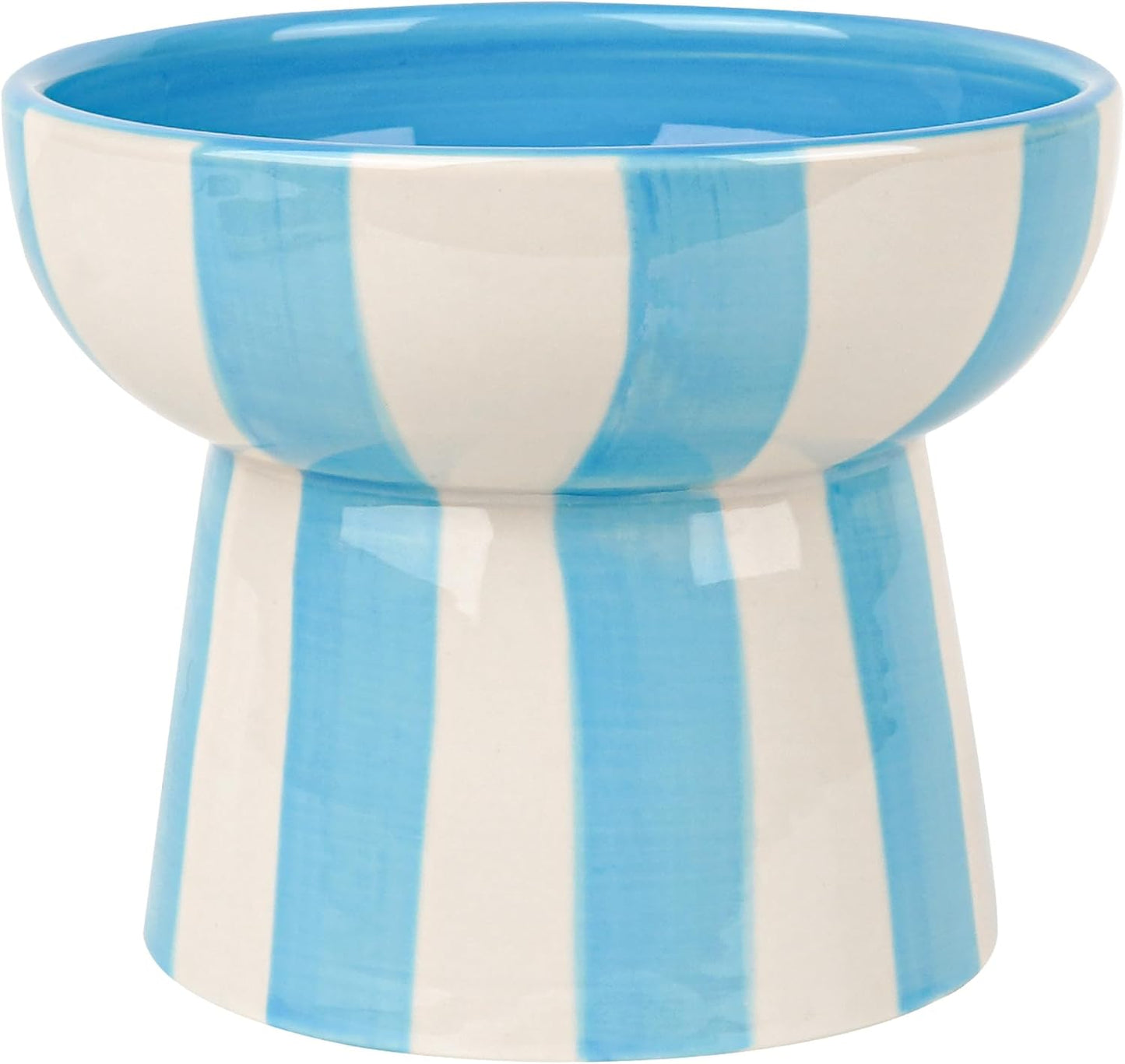 Raised Cat Bowl - Blue Striped Elevated Ceramic Food and Water Dish, Wide Shallow Design for Whisker Fatigue Relief, Dishwasher Safe