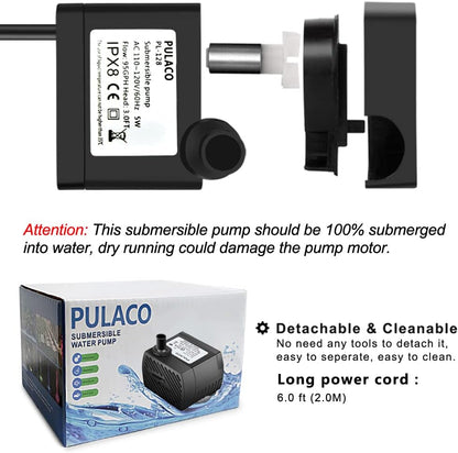 PULACO 95GPH 5W Mini Submersible Water Pump with 3.3 ft Tubing for Aquarium Fish Tank, Pond, Fountain, Hydroponics