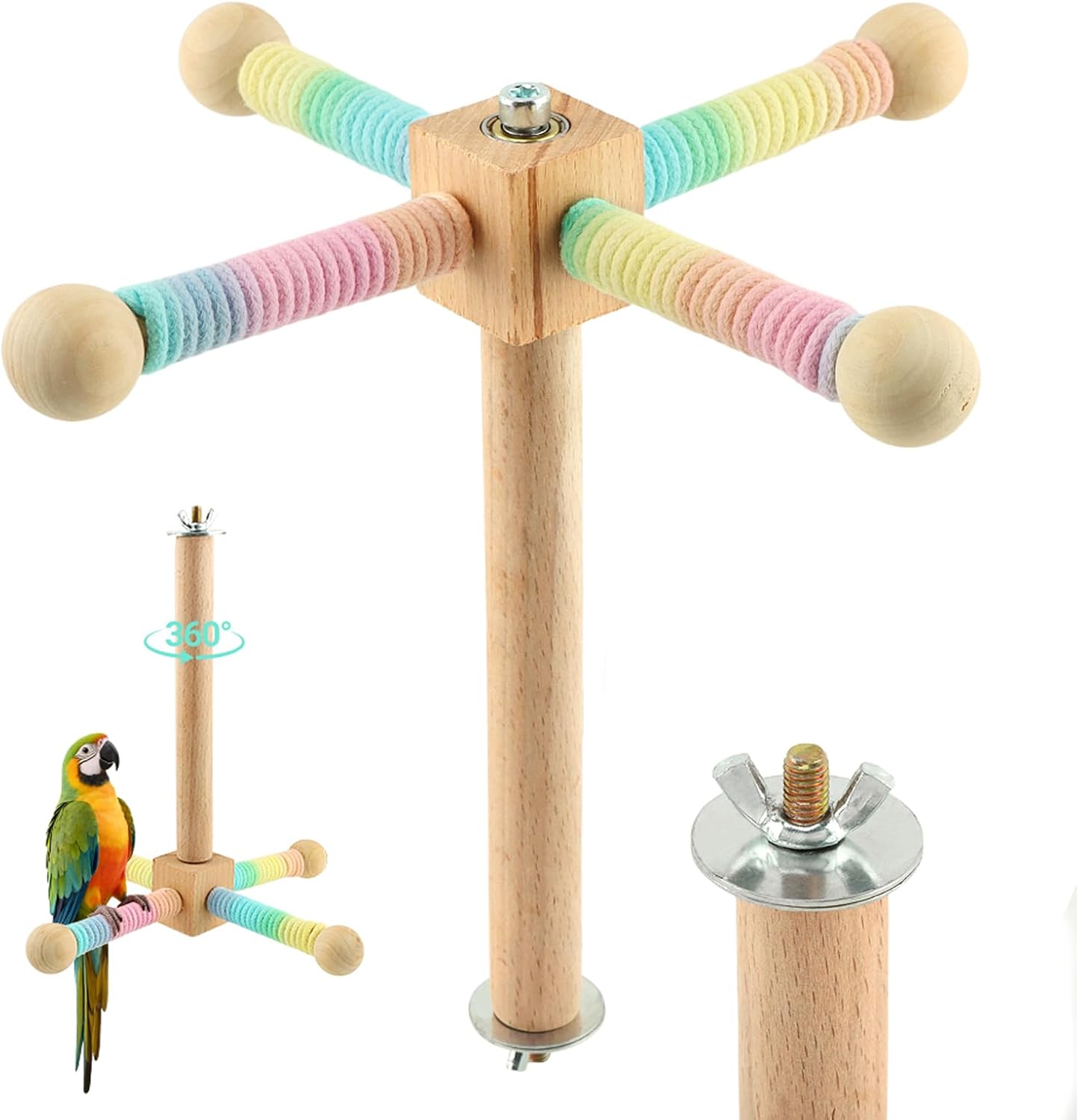 Parrot Spinning Windmill Perch, Bird Toy Rotating Stand for Parakeets, Cockatiels, Budgies - Interactive Wooden Cage Accessory, Enrichment Toy for Small & Medium Parrots, Lovebirds