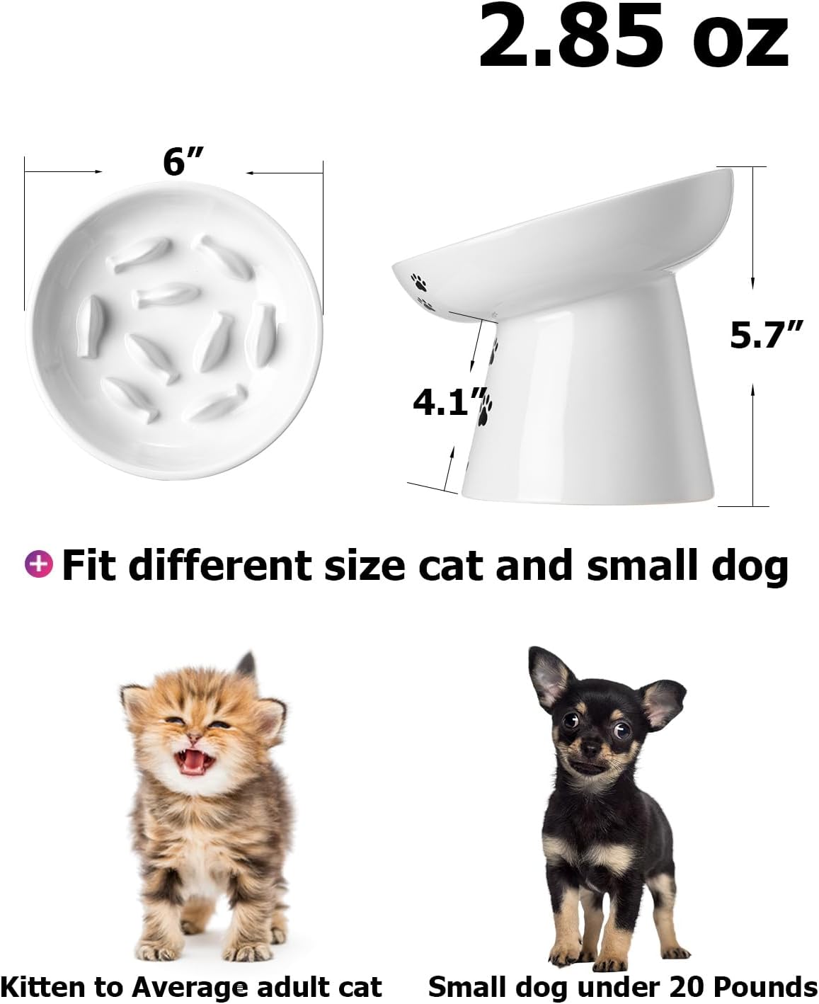 Y YHY Slow Feeder Cat Bowl, Ceramic Cat Slow Feeder Bowl, 6 Inches, Elevated, Anti Vomiting for Dry and Wet Food, White