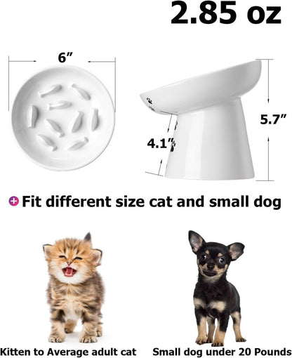 Y YHY Slow Feeder Cat Bowl, Ceramic Cat Slow Feeder Bowl, 6 Inches, Elevated, Anti Vomiting for Dry and Wet Food, White