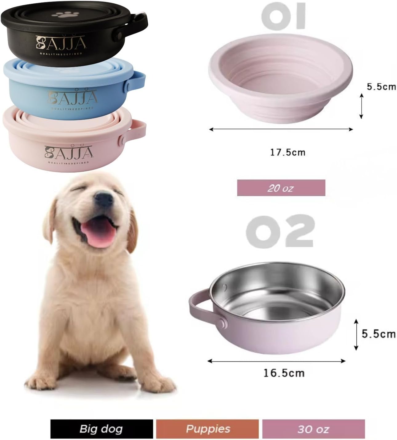 Black Slow Feeder 3-in-1 Travel Dog Bowl Set – 30 OZ Stainless Steel + 20 OZ Collapsible BPA-Free Silicone Bowl Lid | Silicon Slow Feeder Insert | Non-Slip, Anti-Choking|, Carabiner | We give Back