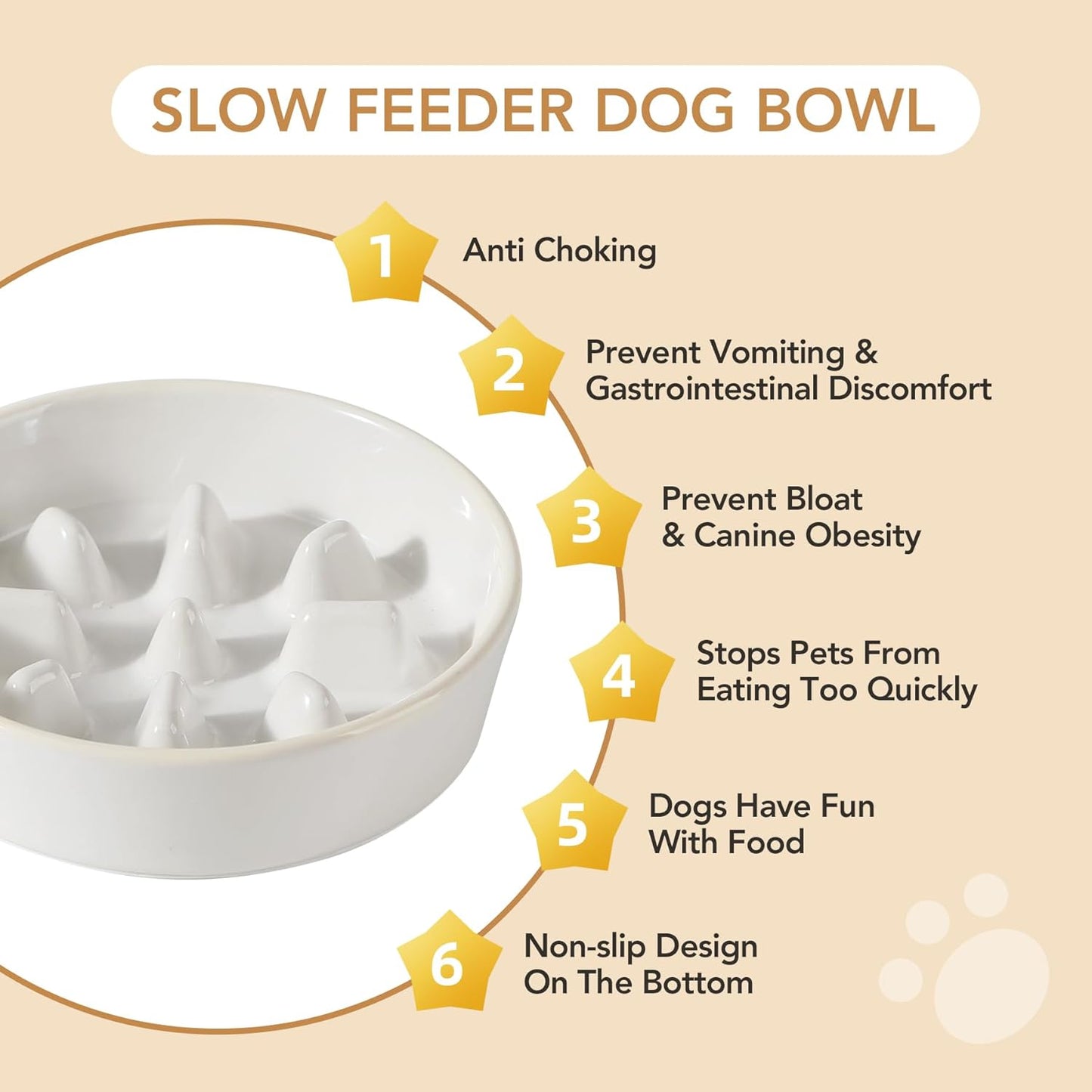 Ceramic 0.9 Cup Raised Slow Feeder Dog Food and Water Bowl Set, Elevated 6.1inch Bowl and 6.1inch Dish with Acacia Wood Stand for Small Dogs (2 x Reactived Glaze -White+ Stand)