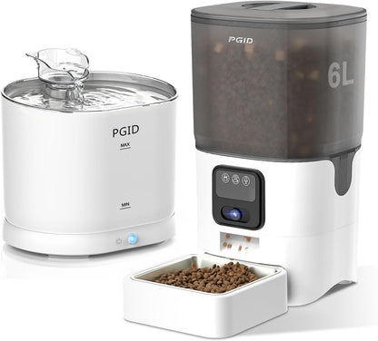 FGID Automatic Cat Feeder with Camera 6L Dog Feeders+ 2.2L Cordless Cat Water Fountian 5000mah Battery Operated Dog Fountian Set