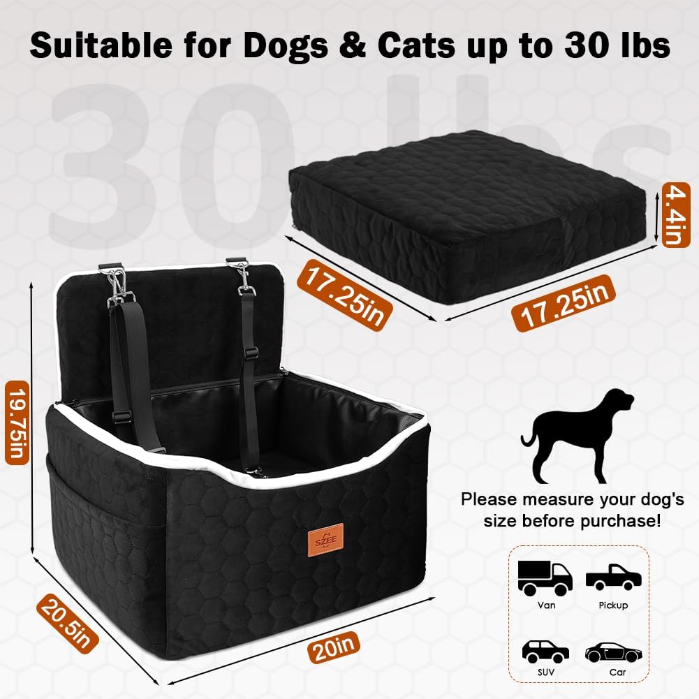 SZEE Dog Car Seat for Medium Sized Dogs up to 30 lbs, Dog Booster Car Seat with Protective Leather Cover, Save Cleaning Effort, Reclinable Backrest (Black)