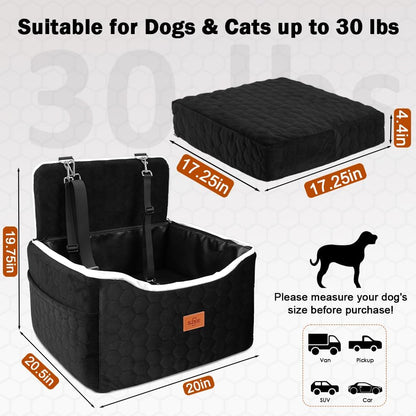 SZEE Dog Car Seat for Medium Sized Dogs up to 30 lbs, Dog Booster Car Seat with Protective Leather Cover, Save Cleaning Effort, Reclinable Backrest (Black)