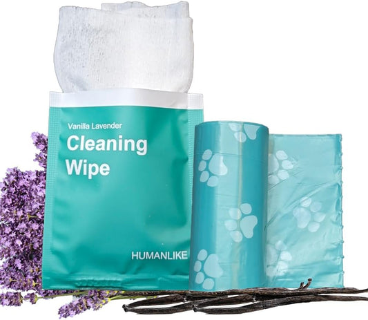 Vanilla Lavender Scent 180 Dog Poop Bags Rolls (12 rolls) & 25 Individual Pet Wipes - 2 in 1 Calming Cleaning Kit for Pet Owners, Cat Litter, Dog Leash, Pet Supplies, Puppy Pads.