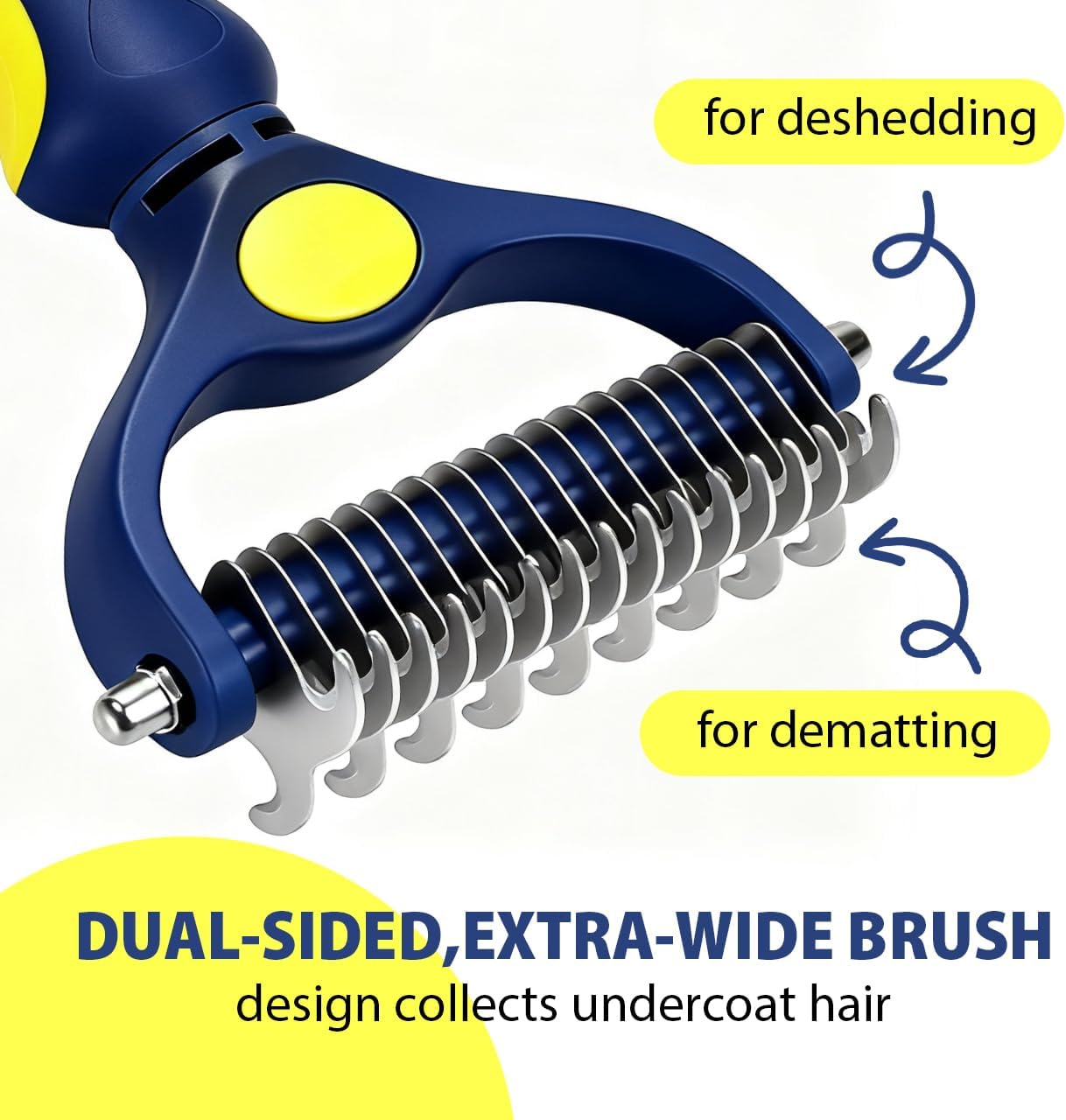 Professional Double-Sided Pet Grooming Rake, Blue and Yellow Deshedding Tool for Dogs and Cats, Undercoat Dematting Brush for Long Hair Pets