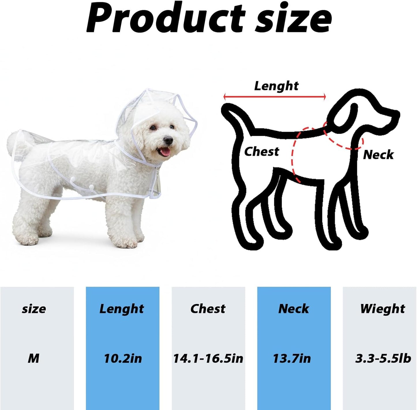 2Pcs Transparent Dog Raincoat for Small Medium Dogs, Waterproof Pet Hooded Poncho with Adjustable Snaps and Leash Hole Portable Dog Raining Coat for Bichon Poodle Medium 3.3-5.1lbs