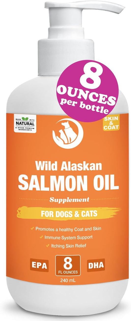 Wild Salmon Oil for Dogs & Cats 8oz Omega 3 Fish Oil Skin & Coat Supplement Pure Fish Omega 3 6 9 Liquid EPA DHA Fatty Acids - Itchy Relief Supports Joint Function, Brain, Eye, Immune & Heart Health