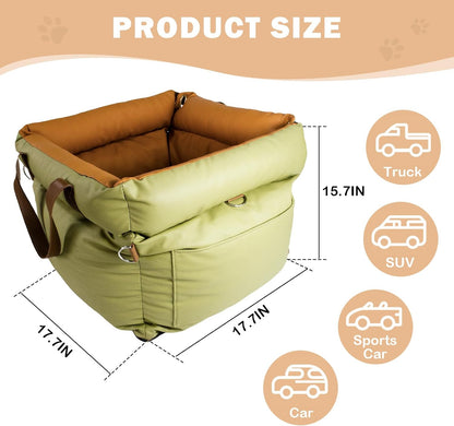 Dog Car Seat for Large Dogs, Large Leather Dog Car Bed with Storage Pocket, Waterproof PVC Leather Booster Seat Travel Bed for Front & Back Seat, Clip-On Safety Leash (Blue/Brown)