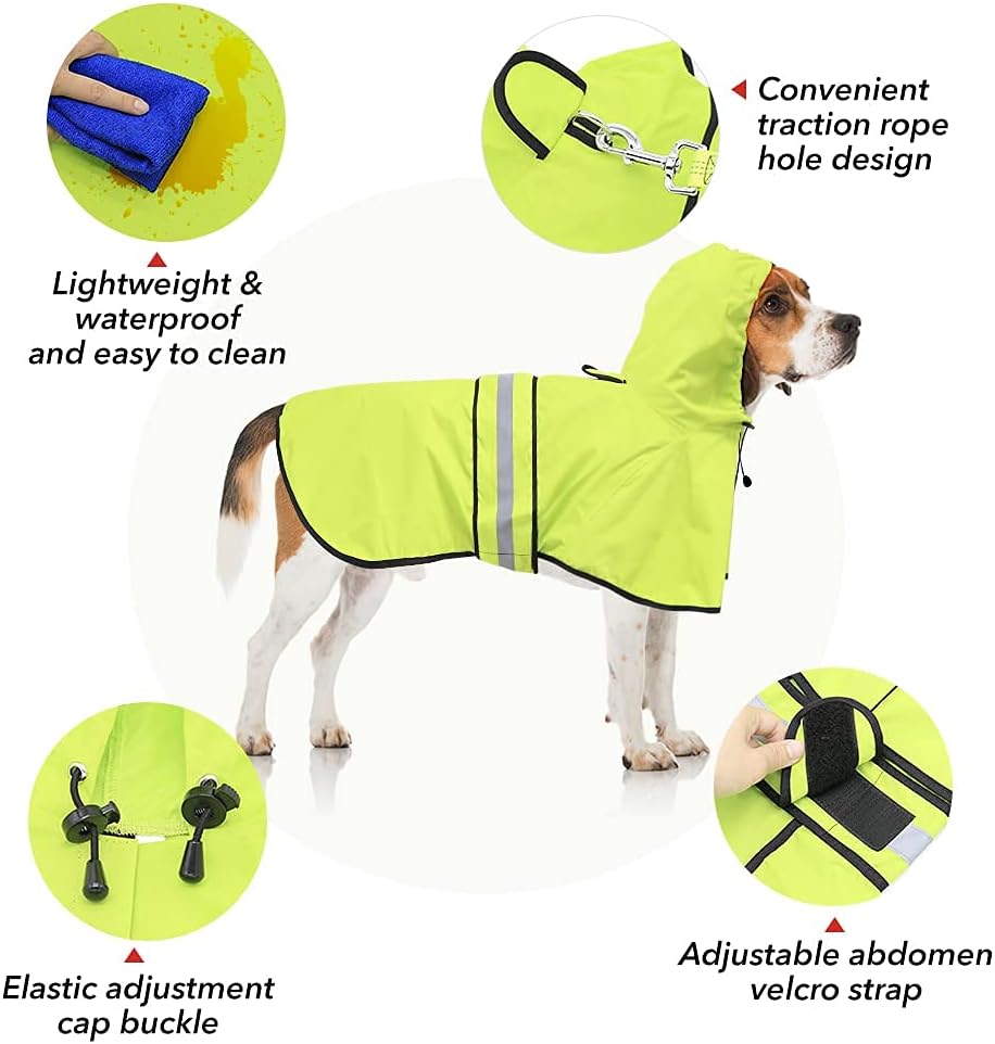Waterproof Raincoats for Dogs - Adjustable Pet Raincoat Jacket, Lightweight Dog Hooded Rain Coat Waterproof Rain Poncho for Small to X- Large Dogs and Puppies (Neon Green, Large)